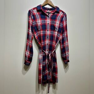 Banana Republic Plaid Flannel Button Down Tie Waist Long Sleeve Mini Dress Red